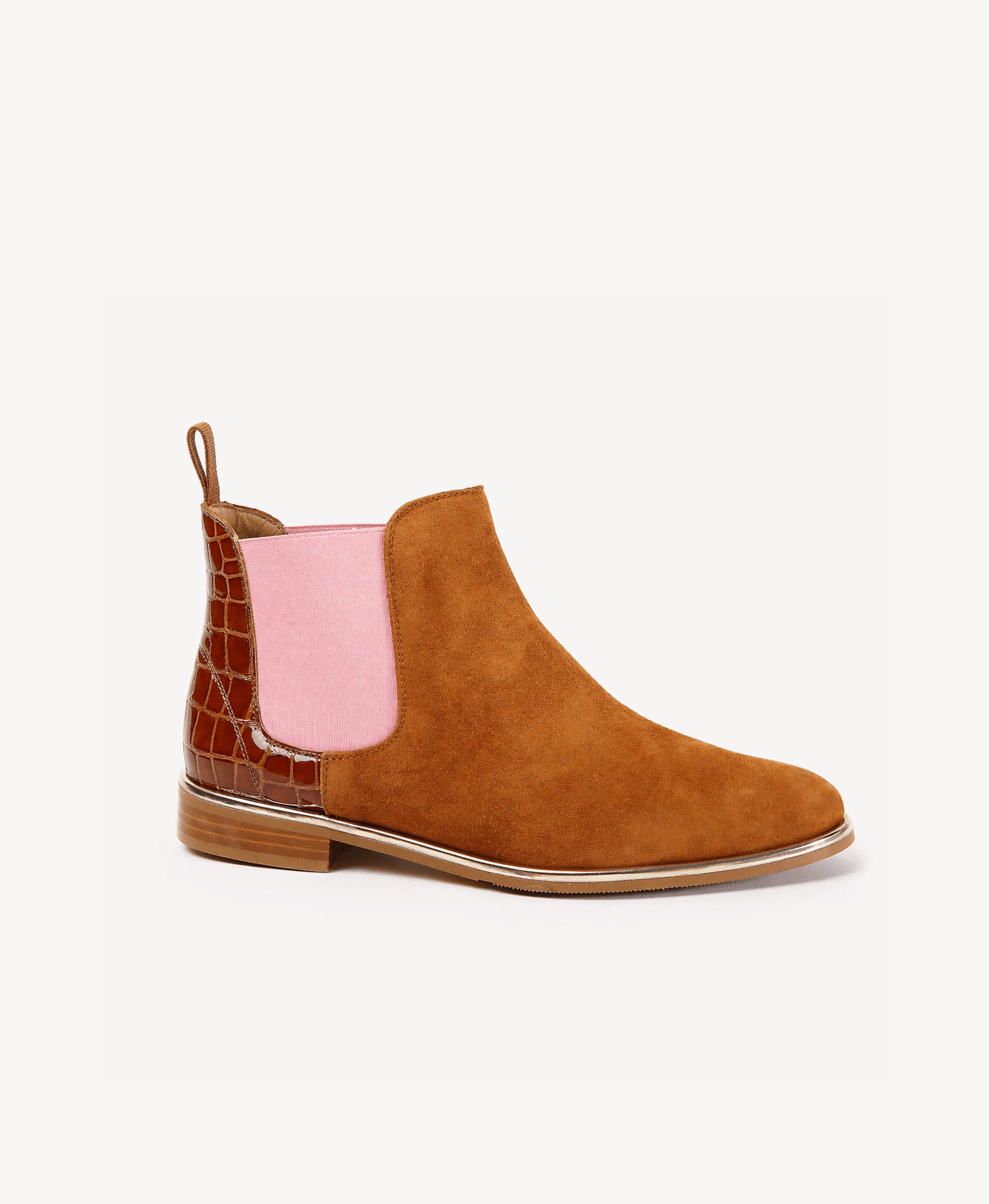 A single brown suede Chelsea boot by Nicola Sexton with a pink elastic side panel and a brown crocodile-embossed heel, shown against a plain white background.