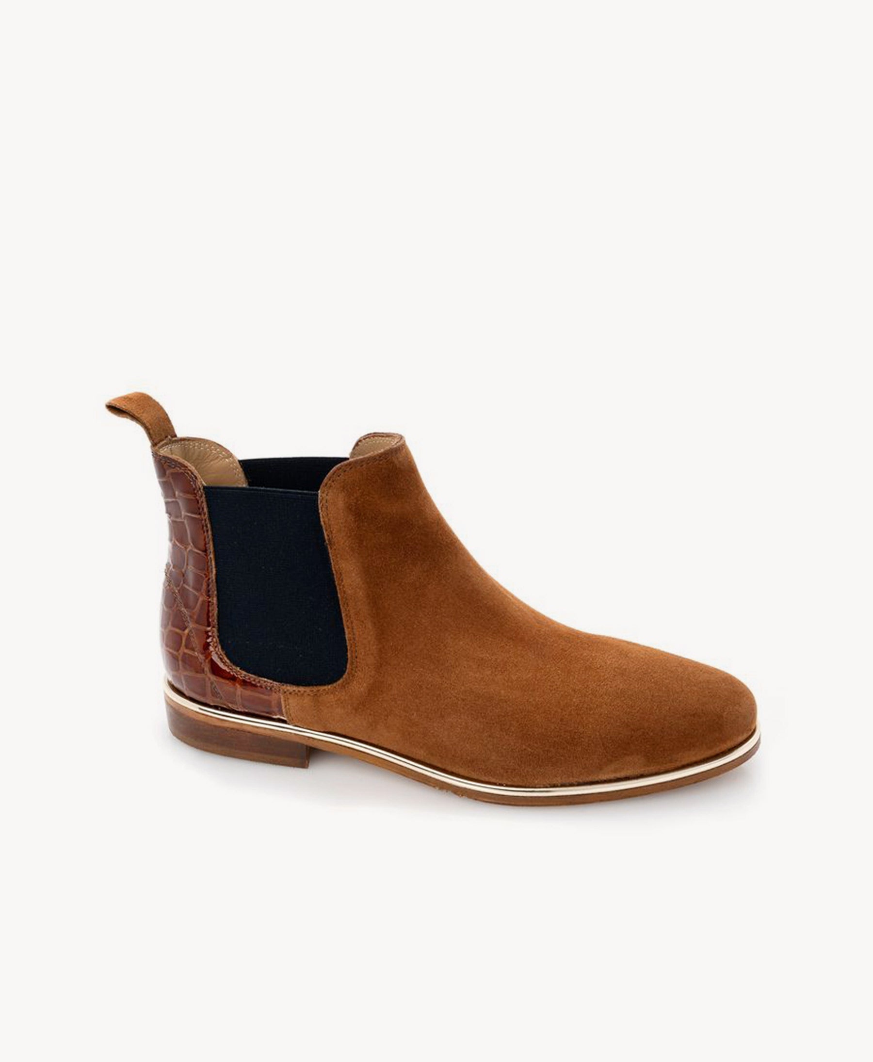 A single brown suede Chelsea boot with a dark brown crocodile-embossed heel panel and a black elastic side gore, shown from a side profile on a light gray background.