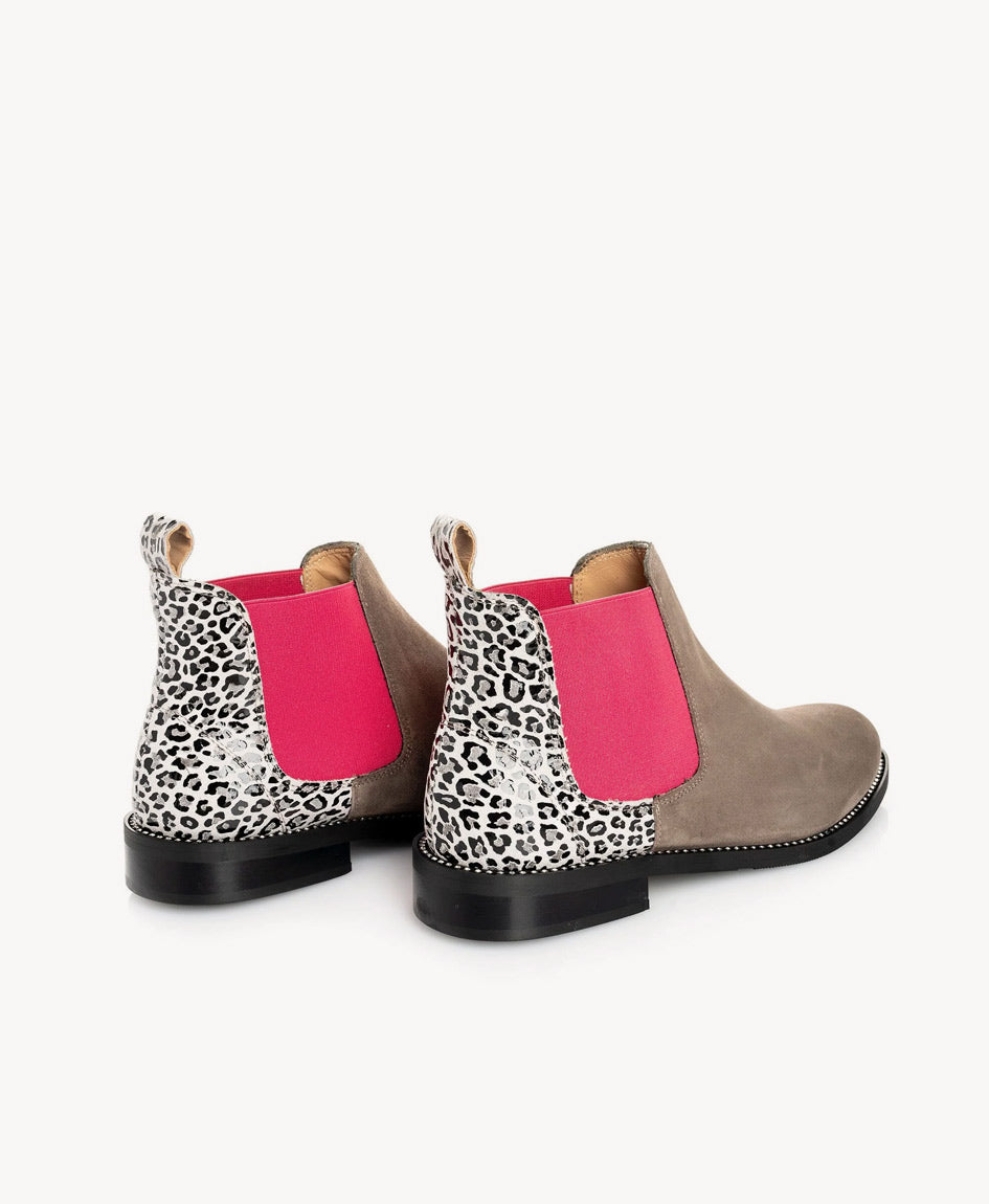 Grey Suede Leopard Print Chelsea Boot