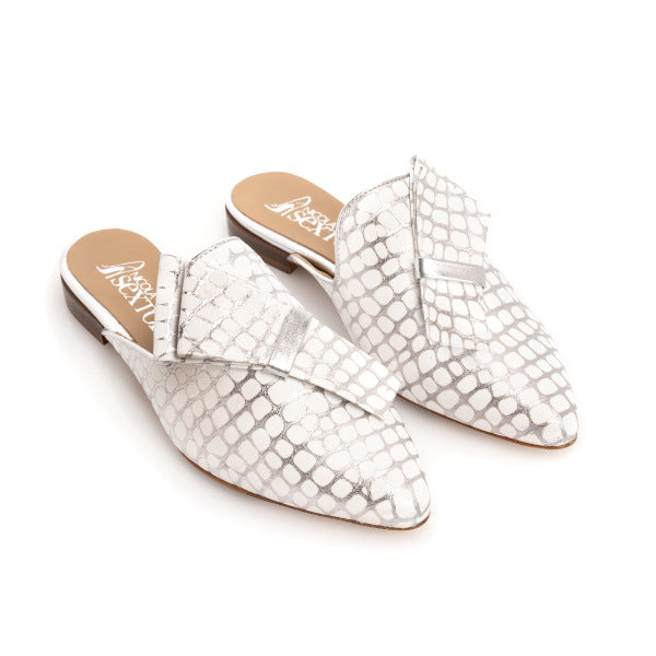 Silver & White Pointed Mule