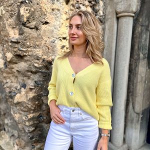 Nicola Sexton lemon yellow cardigan with soft knit and relaxed fit
