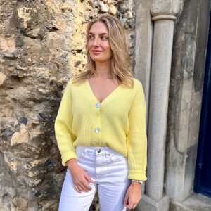 Nicola Sexton lemon yellow cardigan with soft knit and relaxed fit