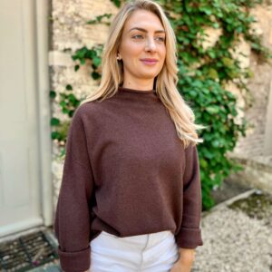 chocolate brown high neck knitwear