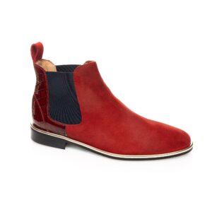 Berry Chelsea Boot in deep red suede with croc leather heel, navy elastic and gold rim – handmade Italian women’s Chelsea boots.
