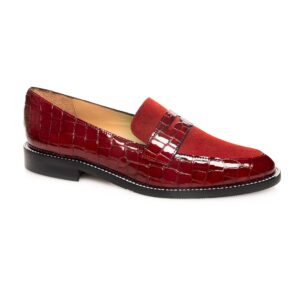 Berry Loafer in deep red suede with croc leather panels and signature pearl rim – Italian handmade women’s loafer.