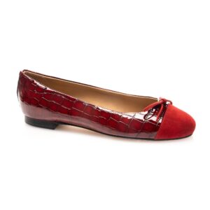 Berry Ballet Pump in deep red suede and croc leather with bow detail – Italian handmade women’s ballet flat.