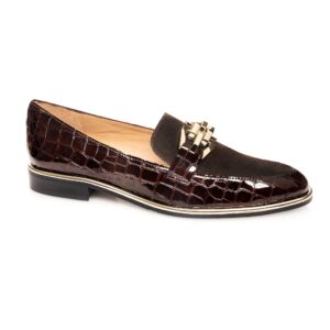 Women’s brown patent croc leather loafer with suede insert and gold buckle – luxury Italian handcrafted shoe