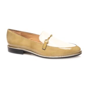 Women’s olive green and cream patent leather loafer with gold buckle