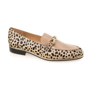 Neutral animal print loafer with cream and black cowhide, nude patent leather detailing, and a gold buckle – luxury flat shoe