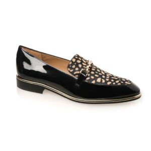 Bold black and nude animal print loafer with black cowhide and patent leather trim, gold buckle detailing – luxury flat shoe