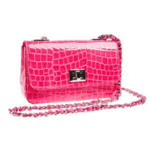 Pink croc embossed leather crossbody handbag with silver chain strap, handmade in Italy luxury accessory