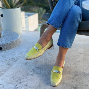 Yellow suede and textured denim women’s loafer with gold hardware and trim, handmade in Italy by Nicola Sexton