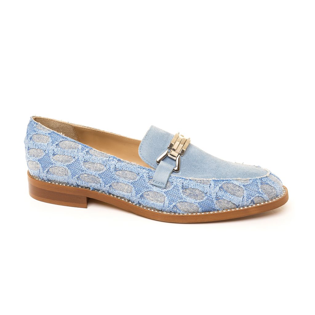 Dusky blue suede and denim women’s loafer with silver hardware and diamante rim, handmade in Italy by Nicola Sexton