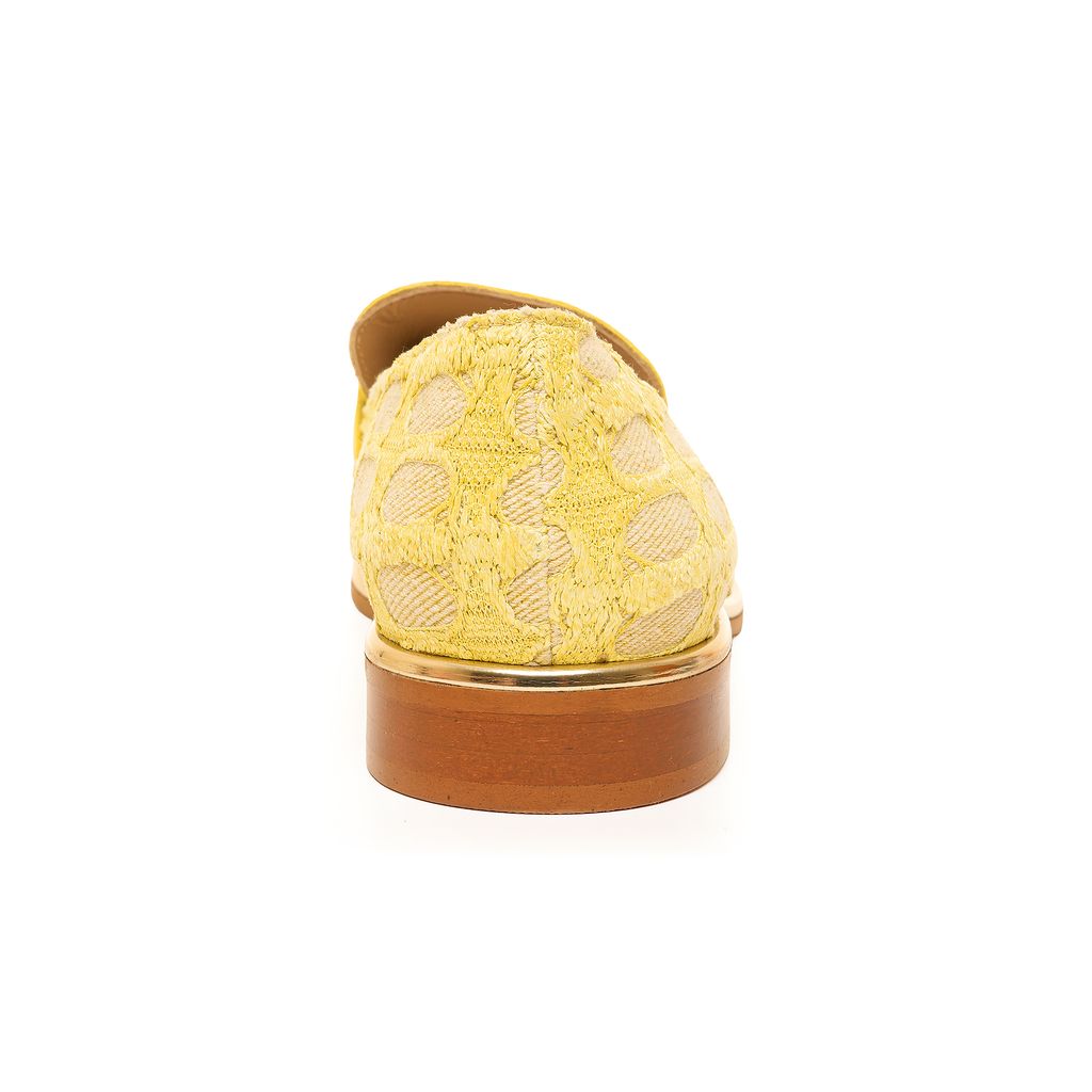 Yellow suede and textured denim women’s loafer with gold hardware and trim, handmade in Italy by Nicola Sexton