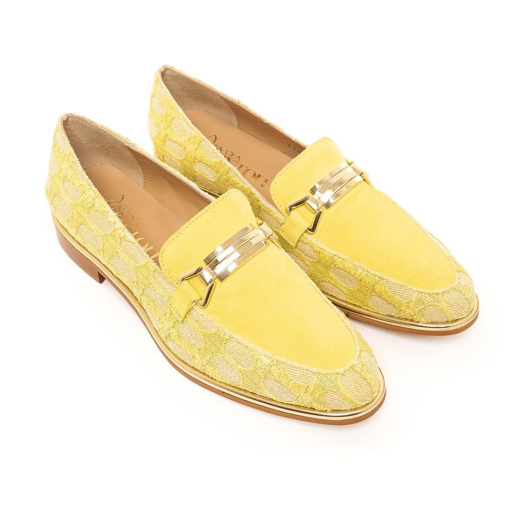Yellow suede and textured denim women’s loafer with gold hardware and trim, handmade in Italy by Nicola Sexton
