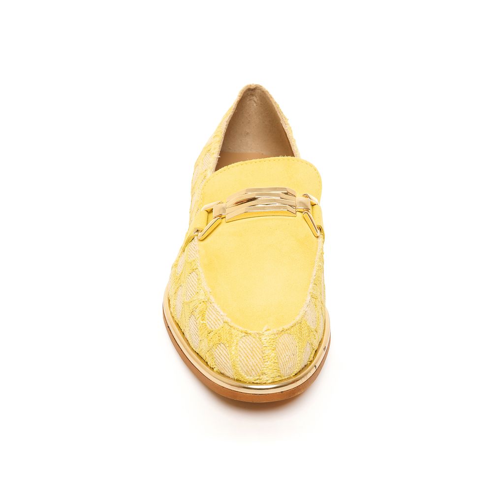 Yellow suede and textured denim women’s loafer with gold hardware and trim, handmade in Italy by Nicola Sexton