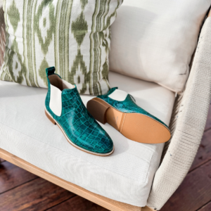 Emerald green croc leather Chelsea boot with cream elastic and gold trim, handmade in Italy by Nicola Sexton