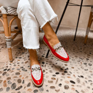 Red patent leather loafer with red and white glitter upper and metal chain detail, handmade in Italy by Nicola Sexton