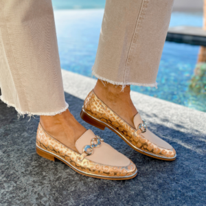 Gold metallic leopard-print leather loafer with neutral leather and gold hardware, handmade in Italy by Nicola Sexton
