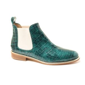 Emerald green croc leather Chelsea boot with cream elastic and gold trim, handmade in Italy by Nicola Sexton