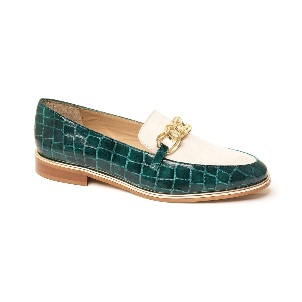Emerald green croc leather loafer with cream suede and gold chain, handmade in Italy by Nicola Sexton