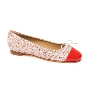 Red and white glitter ballet pump with red patent toe cap and bow, handmade in Italy by Nicola Sexton