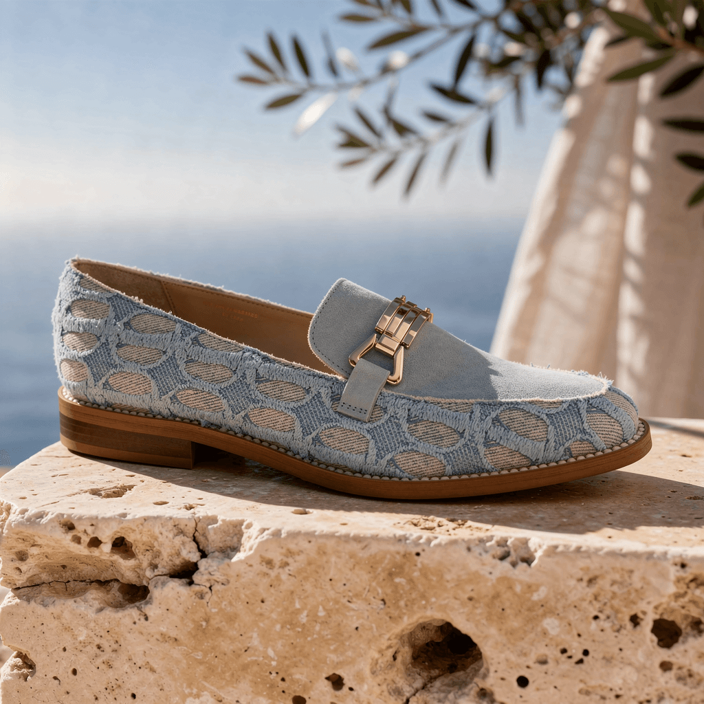 Light blue textured denim leather loafer with silver hardware buckle by Nicola Sexton
