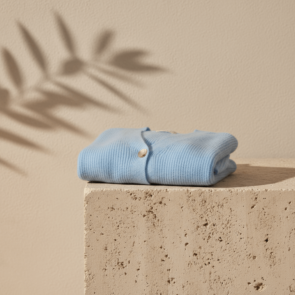 Soft baby blue knit cardigan by Nicola Sexton