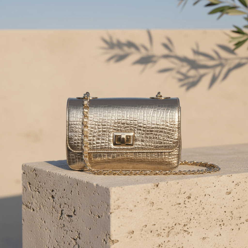 Bronze metallic leather crossbody handbag with gold chain by Nicola Sexton