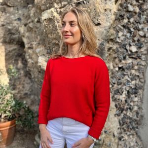 Nicola Sexton red pocket knit jumper with relaxed fit and front pockets