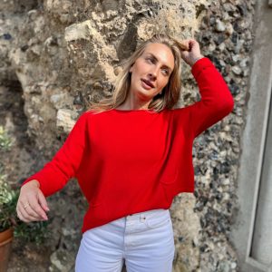 Nicola Sexton red pocket knit jumper with relaxed fit and front pockets