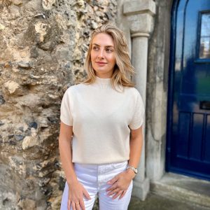 Nicola Sexton soft cream short sleeve knit with high neckline and relaxed fit