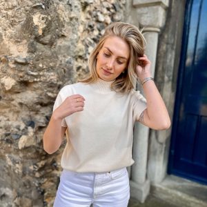 Nicola Sexton soft cream short sleeve knit with high neckline and relaxed fit