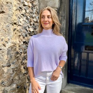 Nicola Sexton lilac three quarter sleeve knit with ribbed neckline