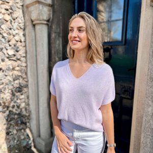 Nicola Sexton lilac V neck knit jumper with soft lightweight knit fabric