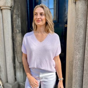 Nicola Sexton lilac V neck knit jumper with soft lightweight knit fabric